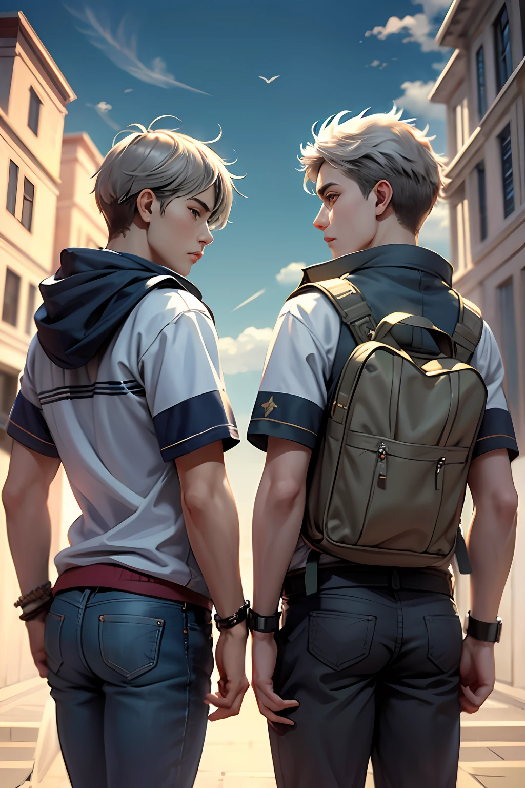 Two 15-year-old teenage friends with Latin skin and light gray hair at school are talking about an important topic are friends almost like brothers........Magnificent background of the sky, dramatic, hermoso, premiado, obra maestra,