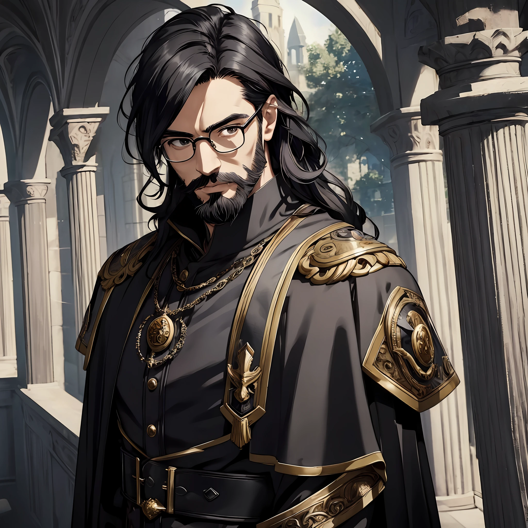 masterpiece, best quality, 1man, oldman, male focus, solo, black hair, long hair, black eyes, bearded, looking at viewer, closed mouth, oval glasses, Fantasy aesthetics, Highly detailed, shadowverse style, black attire, cape