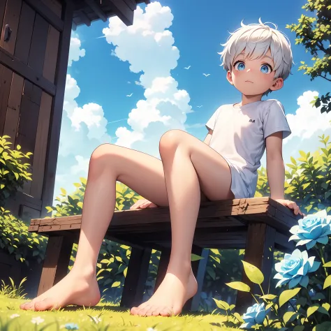 4K), little boy with white hair and barefoot and white clothes small tiny feet, He sits on a giant pillow on a field, which is c...