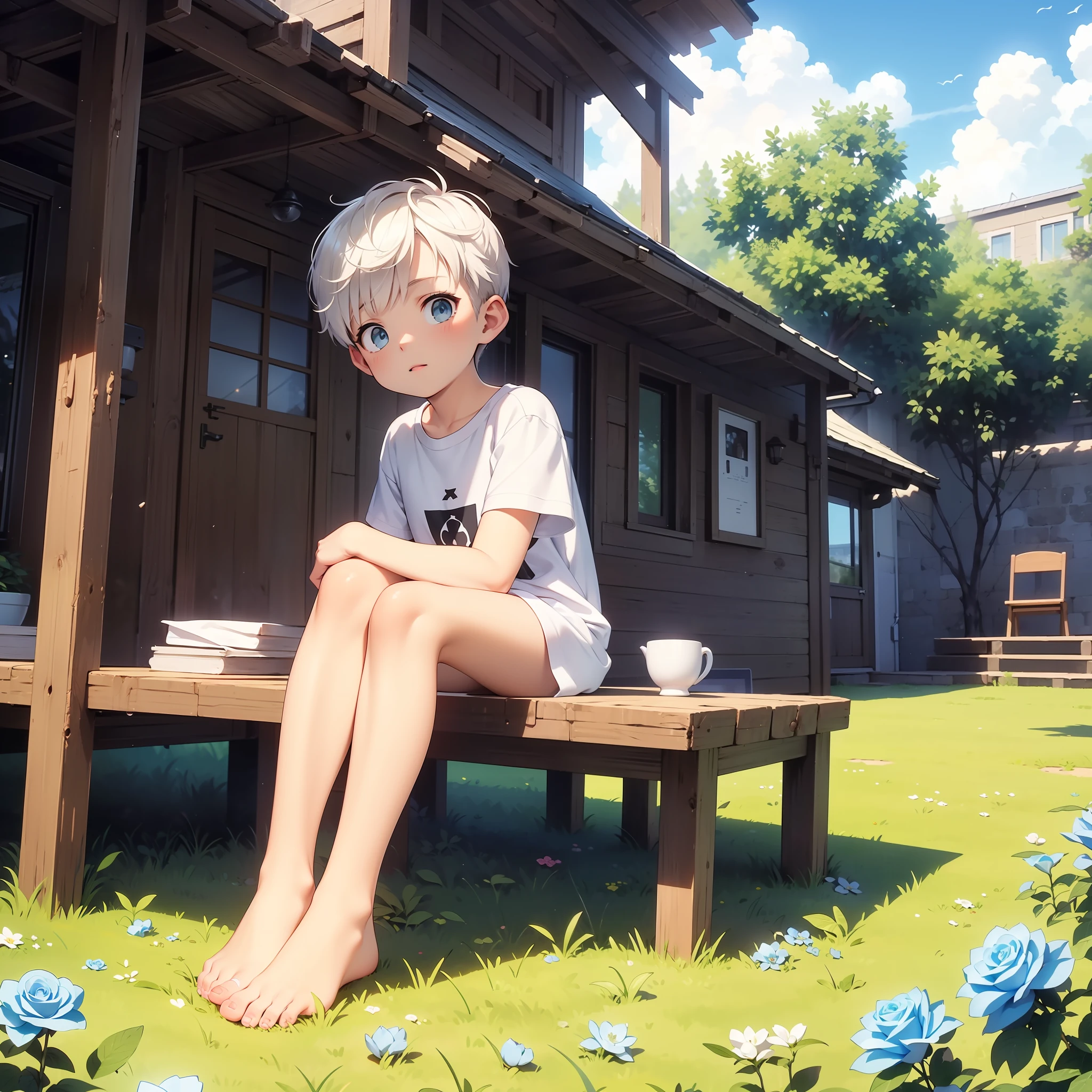 4K), little boy with white hair and barefoot and white clothes small tiny feet, He sits on a giant pillow on a field, which is covered with blue roses, und betet, Nebel Licht, Impressionismus, 2D, (Dornen: 1.1), (toter Baum: 1.1) Focused on feet, feet closeup