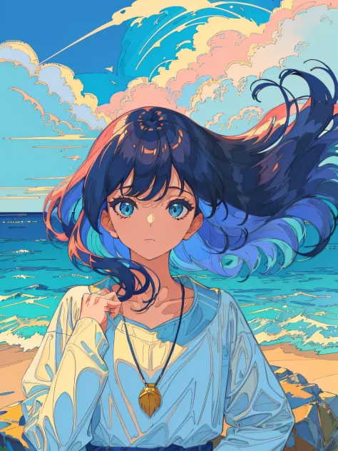 blue sea, face closeup, Mature Girl, bright colors, saturated colors, Clouds over the sea, Hide your hands, The Wind Blows