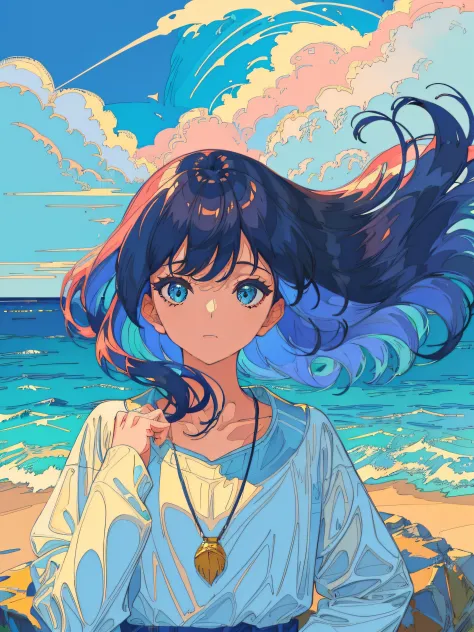 blue sea, face closeup, mature girl, bright colors, saturated colors, clouds over the sea, hide your hands, the wind blows