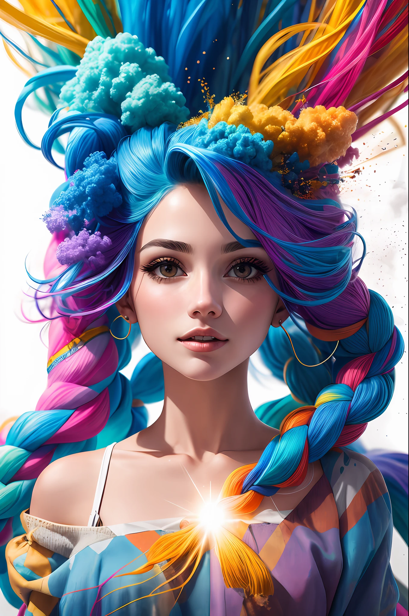 (fully body:1.2), (Smokexxx:1.4), 1 With Really Wild Hair, (wavy multicolor hair:1.2), (Two Long Braids:1.2), (long wild hair:1.2), (multicolored wildly hair: 1.9), wearing a long skirt, hight contrast, Epic cinematic, soft studio lights, rim-light, absurdrez, Amazing, Funny, itricate, hyper detailled, ultra realistic, subdued colors, 8k