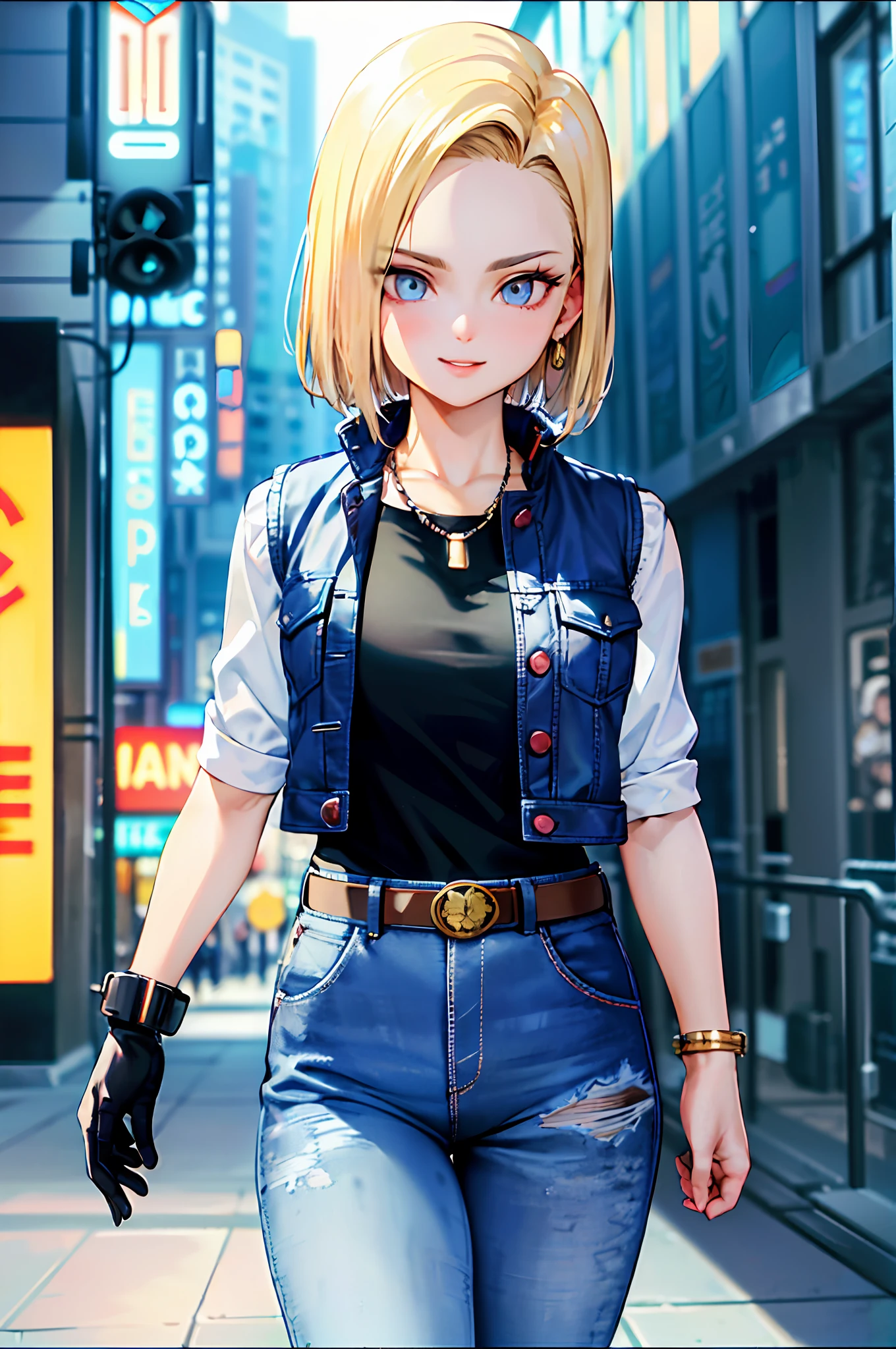 tmasterpiece， Best quality at best， ultra - detailed， absurderes， Sexy portrait of Android18DB， solo， 耳Nipple Ring， jewely， denim pant， ssmile， thongs， croptop tanktop， abs,trouser， mitts， choker necklace， denim pant， Cyberpunk Street bustling neon lights， Volumetriclighting， best qualtiy， tmasterpiece， Complicated details， Tone-mapping， tack sharp focus， ultra - detailed， Trend at Artstation，
