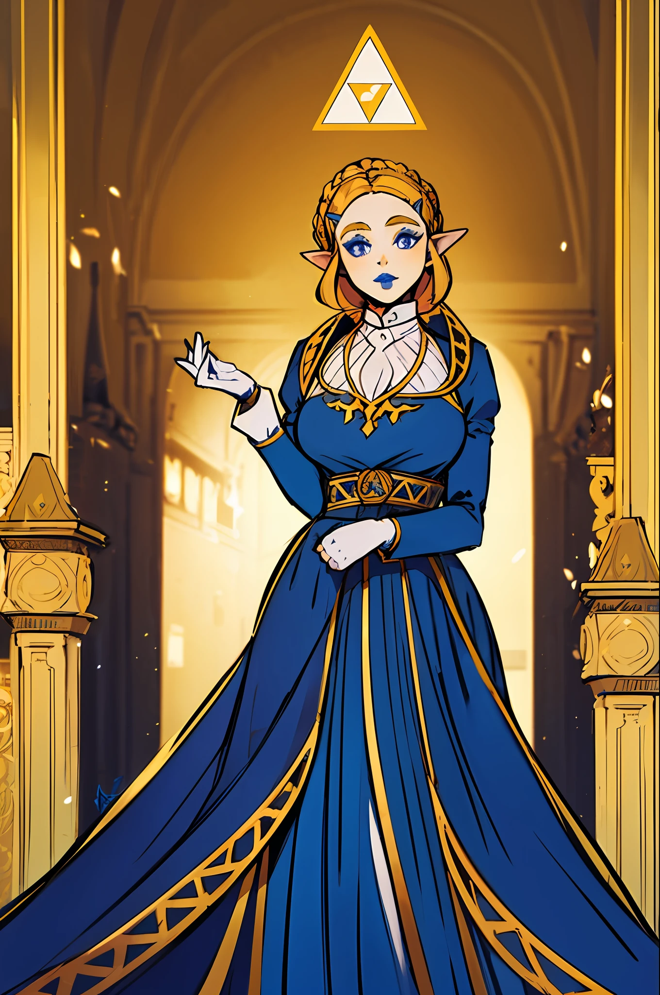 A cartoon image of a woman in a blue dress with a gold crown on her head -  SeaArt AI