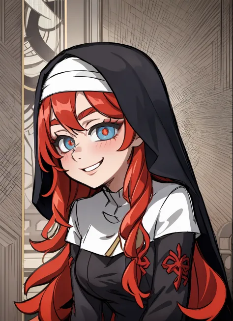 nun, sister, love in eyes, long red hair, red pupils, crazy, blushing, cute, smug, smile, rolling eyes, black nun outfit