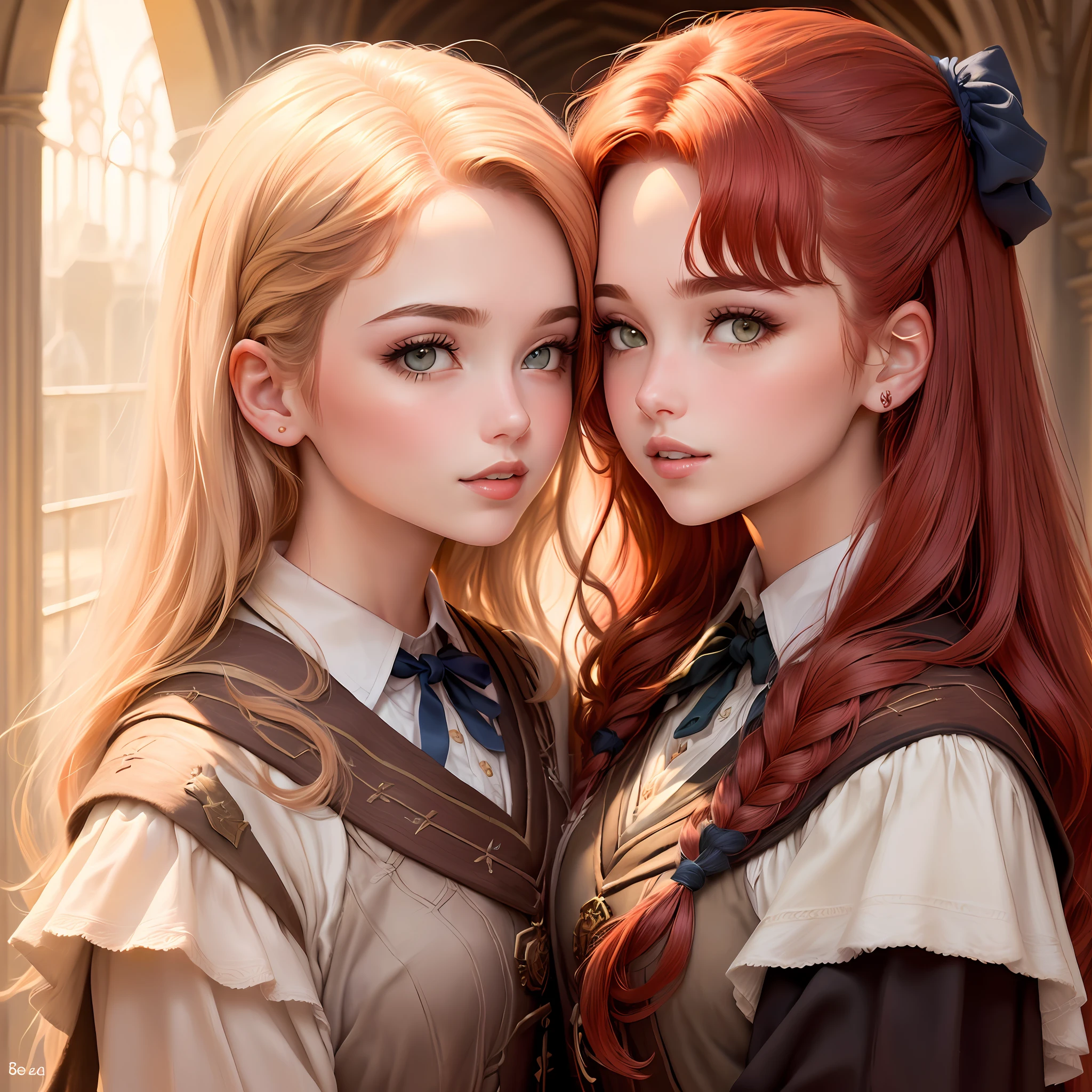 Two women with red hair and blue eyes are posing for a picture - SeaArt AI