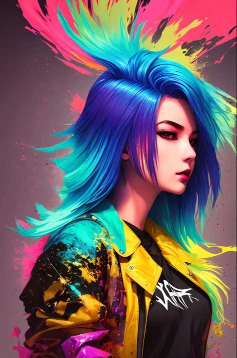 swpunk, vapodusk1,(masterpiece, best illustration, extreme light and shadow), swpunk, synthwave, 1boy, male focus, wild hair colors, award winning half body portrait of a femboy in a long tshirt with ombre navy blue teal hairstyle with head in motion and h...
