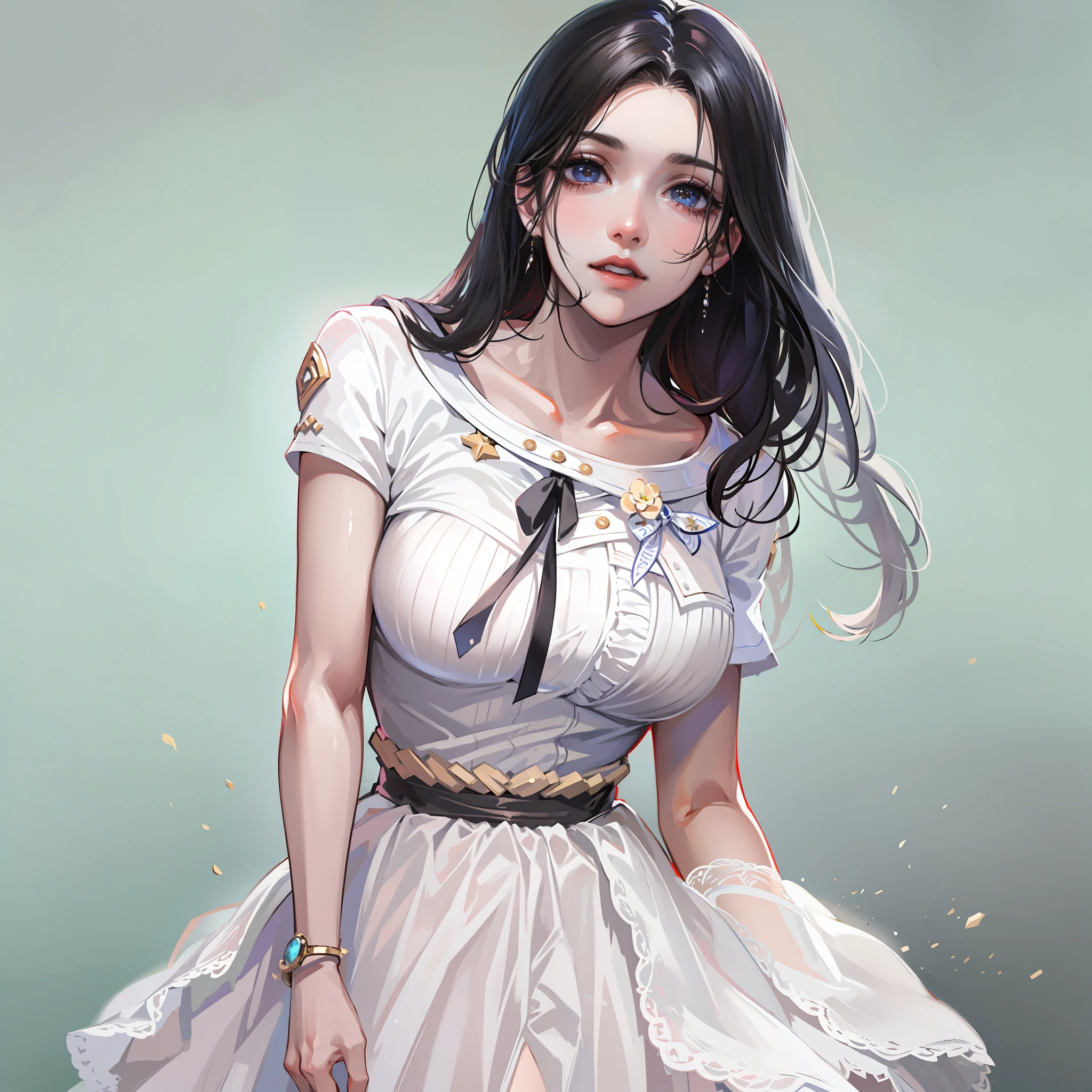 hyper HD, Masterpiece, Textured skin, Super detail, High details, High quality, Best quality, A high resolution, 8K, 16k，full body,1girl,wearing a white skirt with long black hair，realistic face,realism, a character portrait, （white background:1.8)