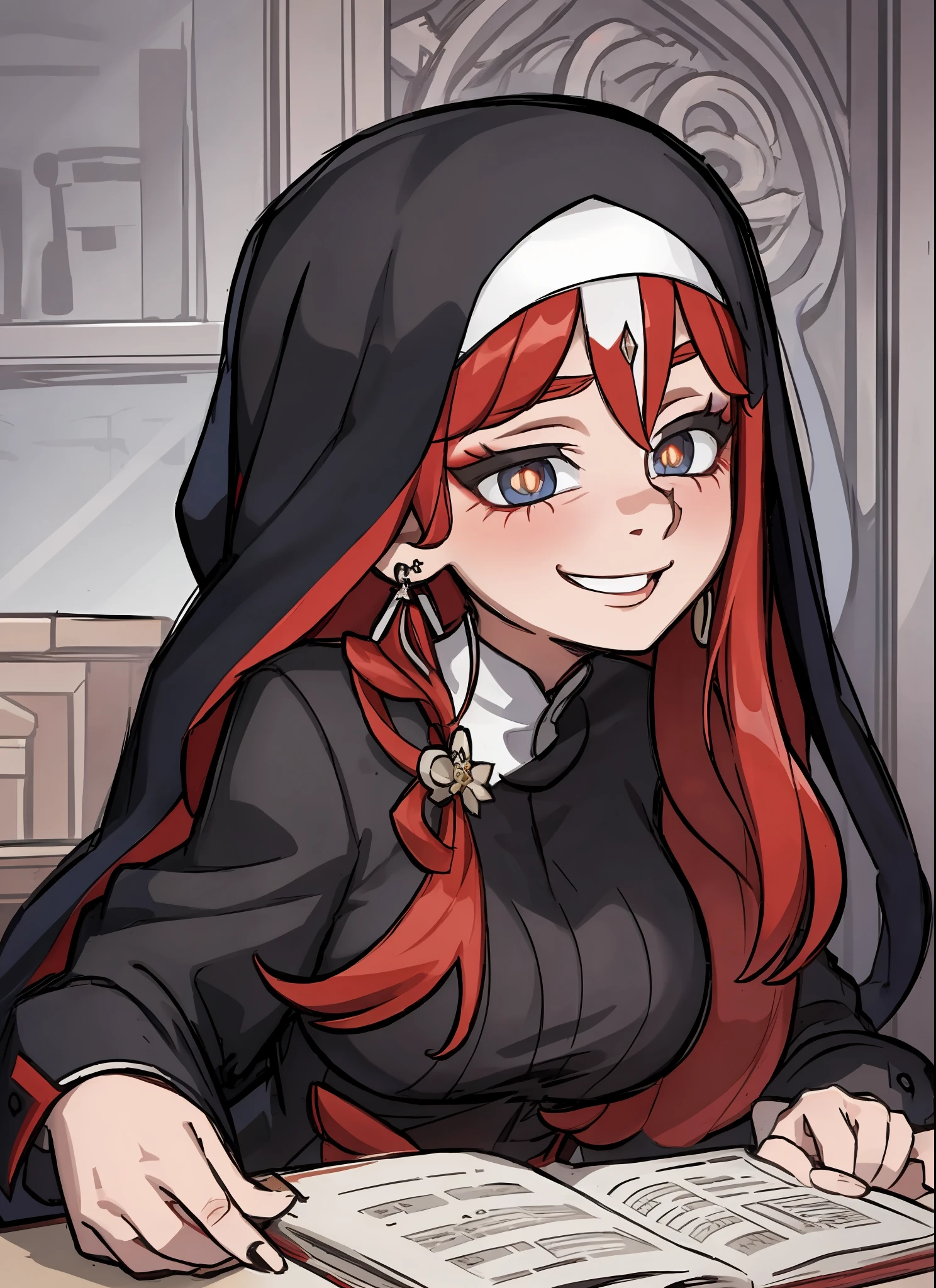 nun, sister, love in eyes, long red hair, red pupils, blushing, cute, smug, smile, rolling eyes, black nun outfit, goat horn, black earring