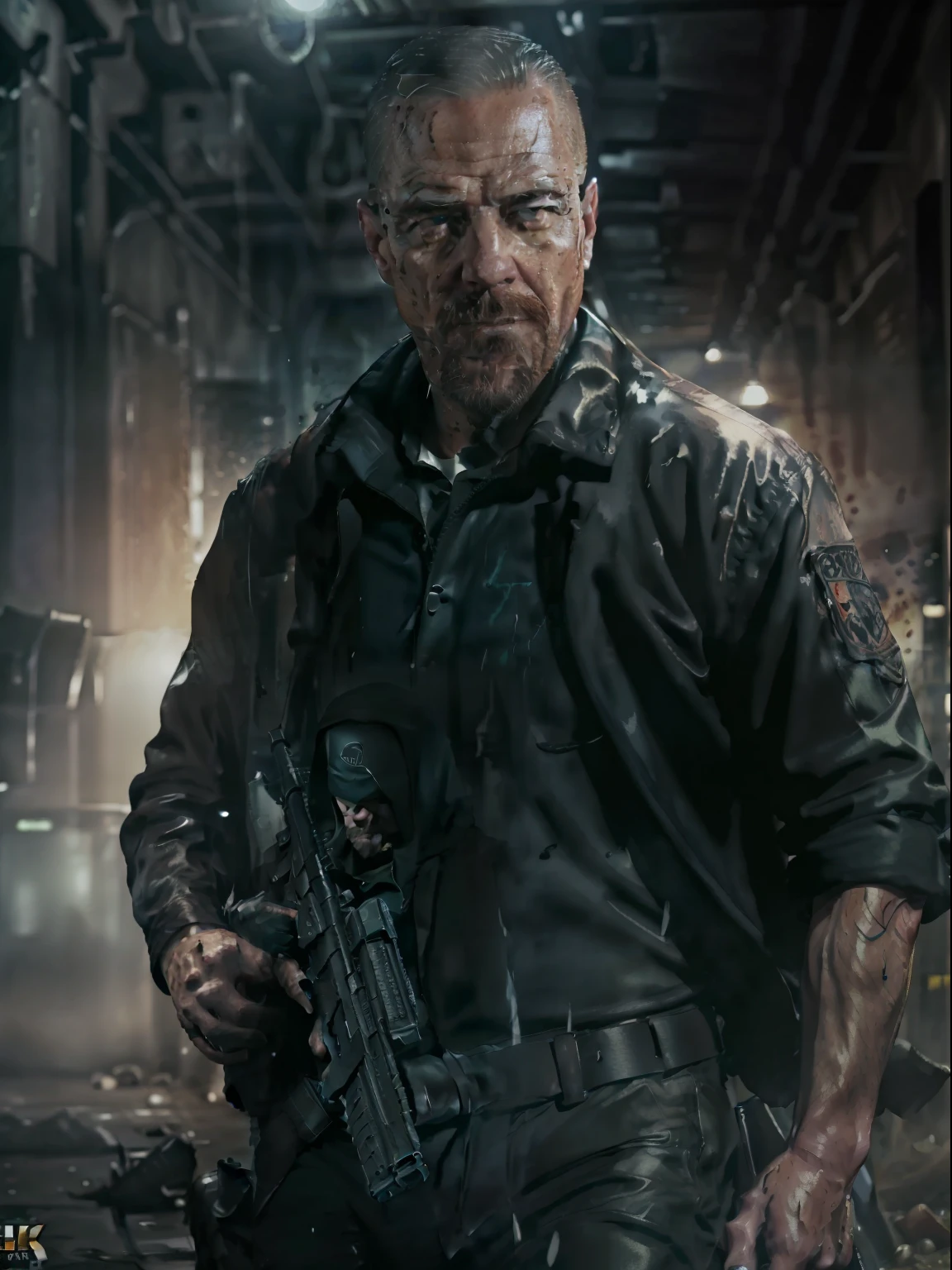 one Government male agent in black clothing, (best quality), Masterpiece:1.1),(extremely detailed CG unity 8k wallpaper:1.1), determined expression,(ink splashing),((watercolor)), clear sharp focus, ((American style)), city background, looking at viewer, holding pistol, detailed face and eyes, running through a sewer tunnel being chased by a evil shadow being
