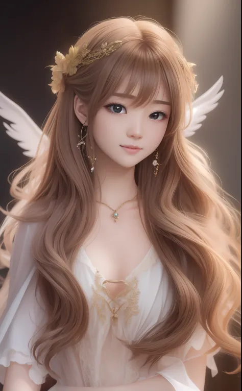 fairy angel、nice perfect face with soft skin、gorgeous wavy long brown hair、8k分辨率、a hyper-realistic、ultra-detailliert、hightqualit...