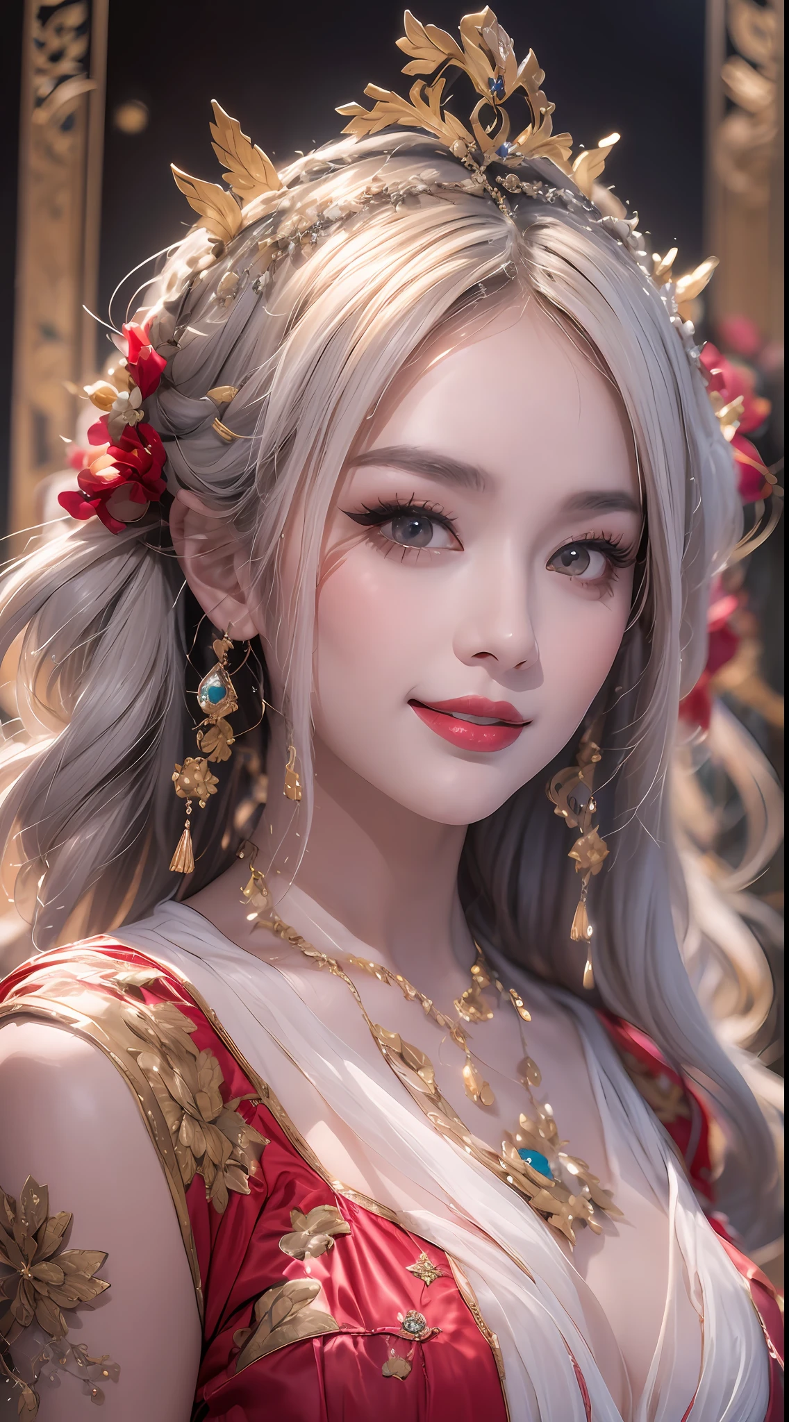 Portrait of a 27-year-old saint,Charming adult saint in a long dress made of thin silk, beautiful saint with an old face, ((Korea Doll:0.9)), adult, wearing a thin multicolored silk dress, beautiful face without blemishes, (((Smile gently:1.4))), ((7-color hair length:1.2)), big crown, hair brooch, hanfu dress, chinese ancient style, full body jewelry, forehead tattoo, super even chest, face, innocent face, The most beautiful and detailed light red lipstick, Thin, plump lips,  delicate pink and white eyes (white and detailed) cinematic, light and dark, dramatic lighting, magical light, extremely detailed light, true color, super sharp, realistic, 8k quality, fantasy universe background, saints and magical space, the most detailed images, Solo, a saintess,