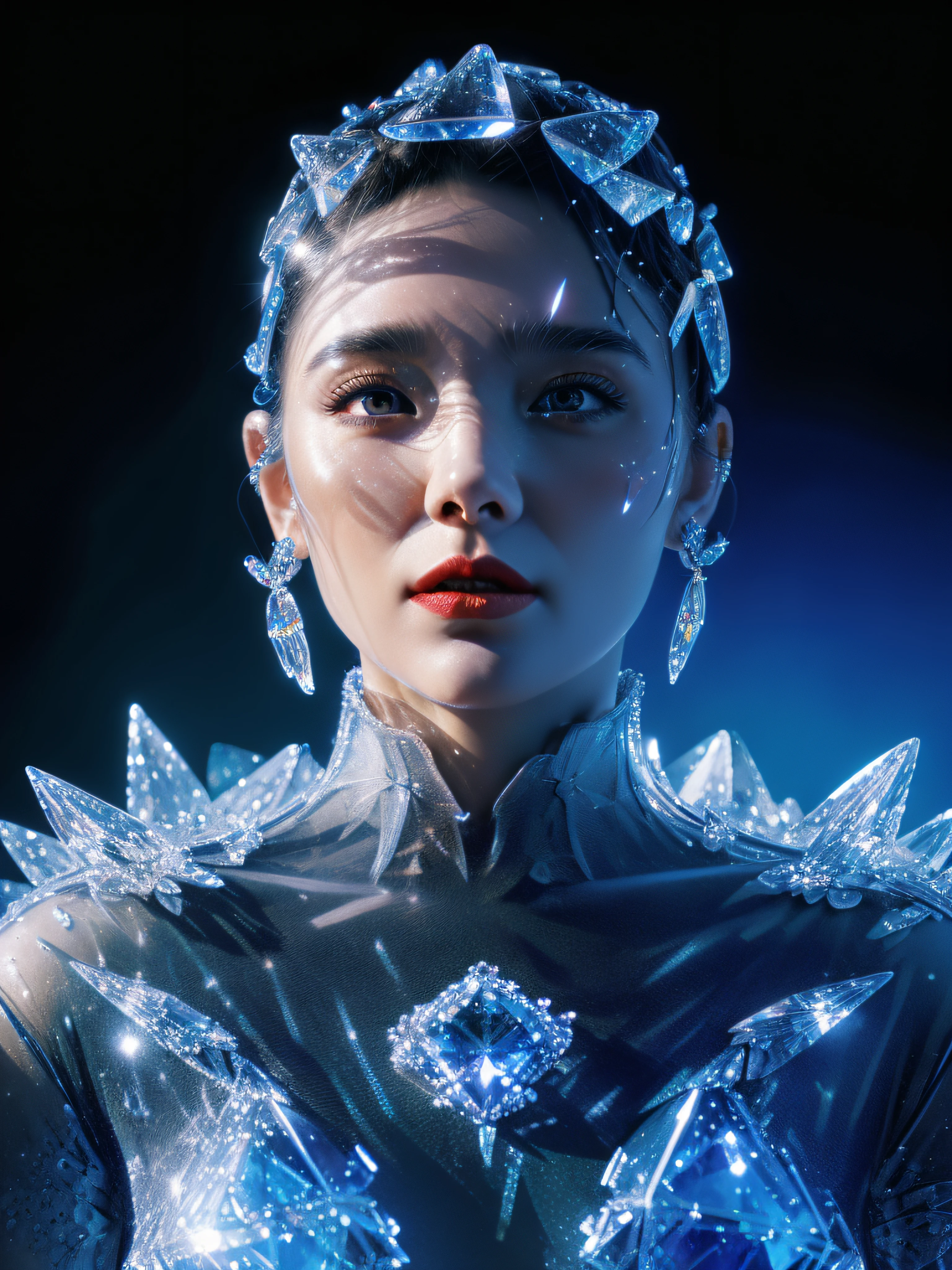 intricate and insanely detailed  ice crystal painting with fine ink and detailed smokey light, crystals water droplets, cinematic, dramatic contrast, volumetric lighting, simple detail, sharp focus, hyperrealistic high gloss 32k UHD OLED digital painting, detailed painting youthful goddess of glass and crystal, high gloss eyes, specular lip gloss, wine red lips,  concept art by El Greco