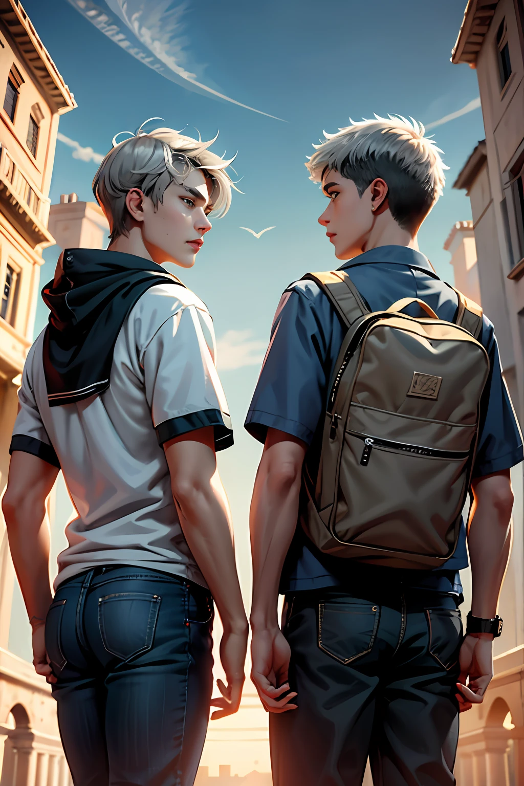 Two 15-year-old teenage friends with Latin skin and light gray hair at school are talking about an important topic are friends almost like brothers.........Magnificent background of the sky, dramatic, hermoso, premiado, obra maestra,