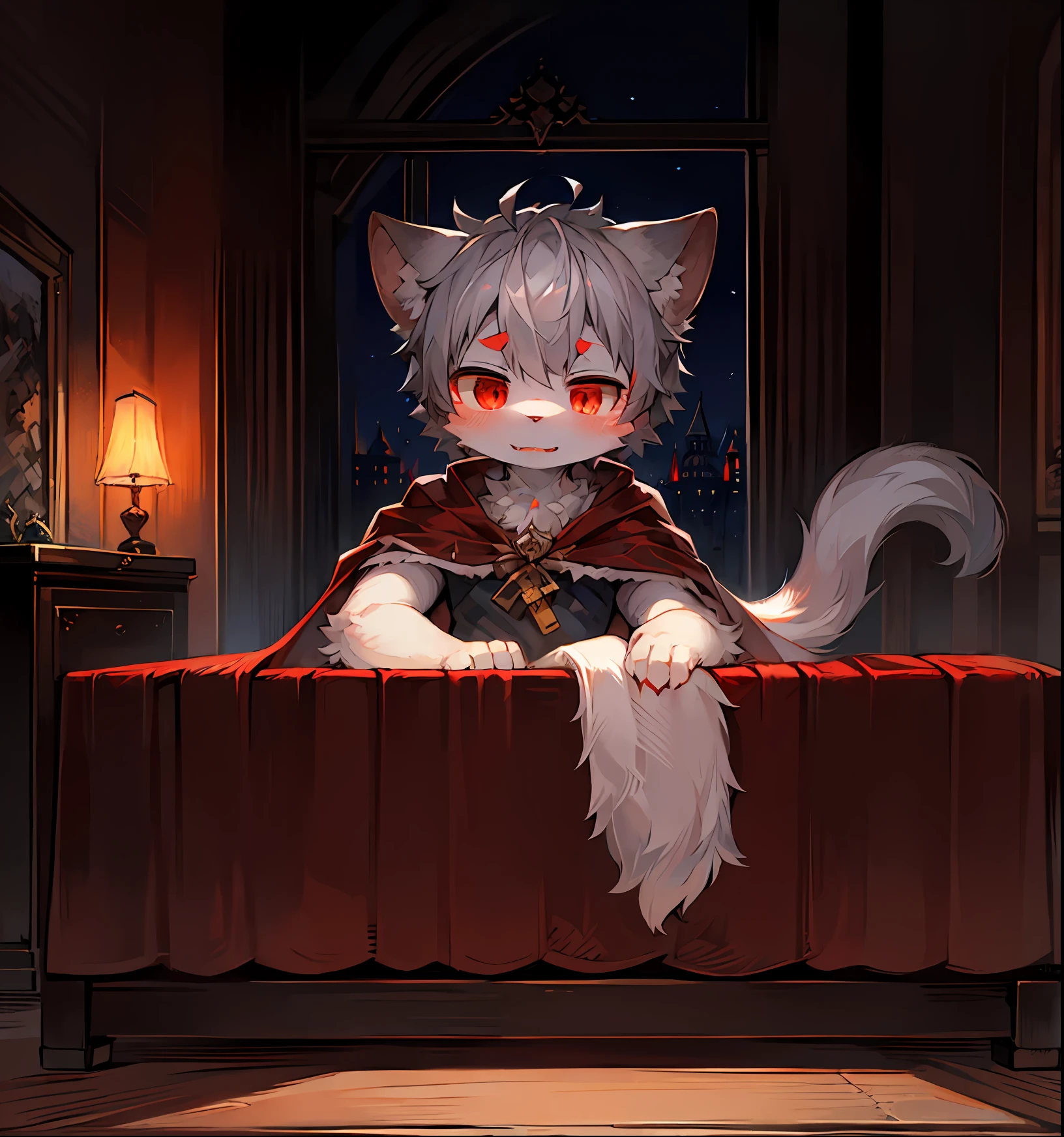 (dark environment:0.8),masterpiece, high quality, absurd res, digital painting \(artwork\), by dagasi, yupa,kiyosan,(anthro,fluffy fur,character focus:1.1),anthro male cat,short hair,portrait, bright eyes,panorama,character focus.(detailed background:0.7),solo,furry,furry male ,male focus,anthr,(Full body fur, fluffy tail, white fur,red eyes,gray hair:1.2),(long canines,vampire, cape:1.2),(interior,night, castle, coffin:1.1)