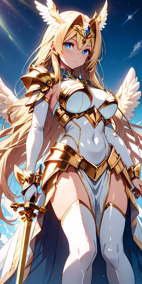 Radiant angel guardian, Her skin glowed like the first rays of dawn, Stretch the wings of a beacon of hope on a sacred battlefield, 8K, high resolution. Her sapphire eyes reflected the sky, Her long, Golden hair bathed in divine light. She wears heavenly a...