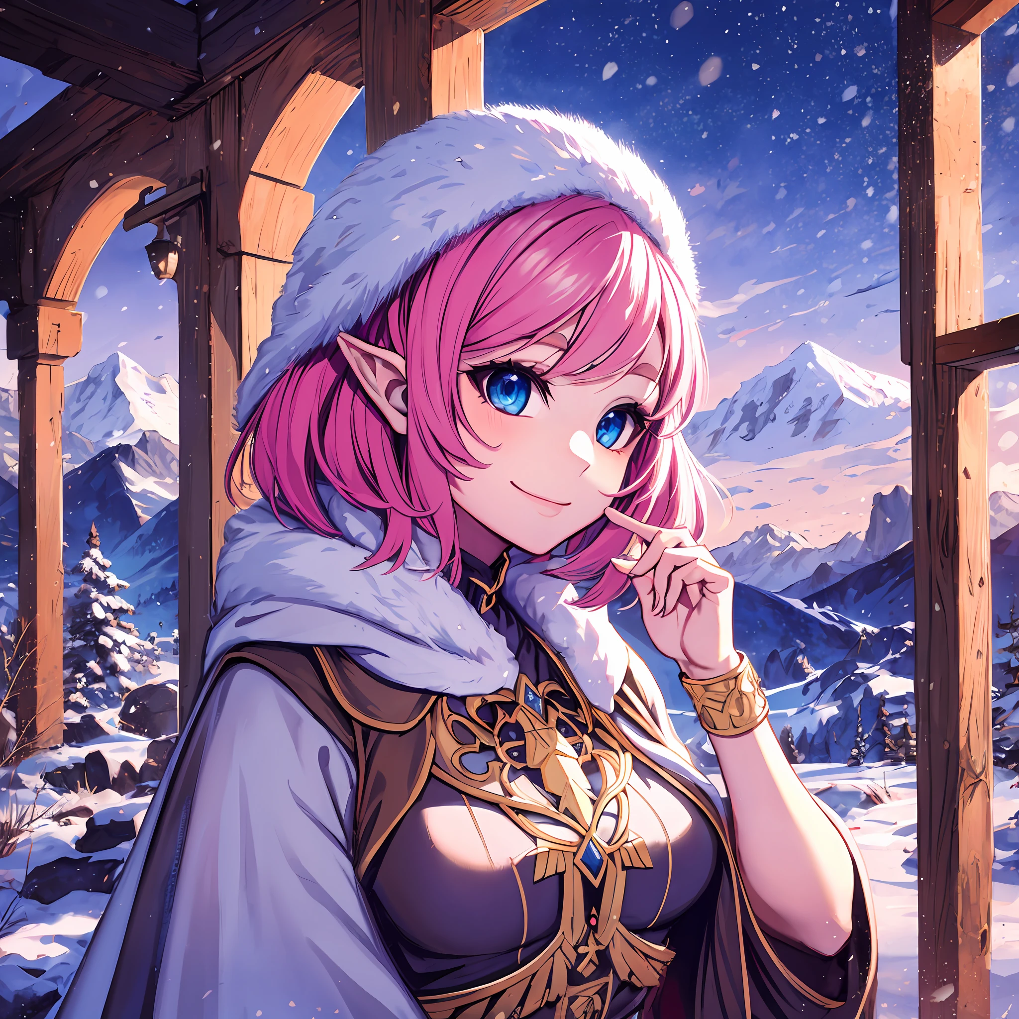 Make it an anime，（nmasterpiece，top Quority，top-quality，offcial art，Beauty and aesthetics：1.2），ighly detailed，s fractal art，best detailed，Zentangle，（Snowy mountains in the background：1.5）（1 Elf Girl），（A pink-haired，Shoot hair，bobhair:1.7），（Shining eyes），(Enchanted)，（White cloak）,（Ski Wear）,A smile,lighting on the face