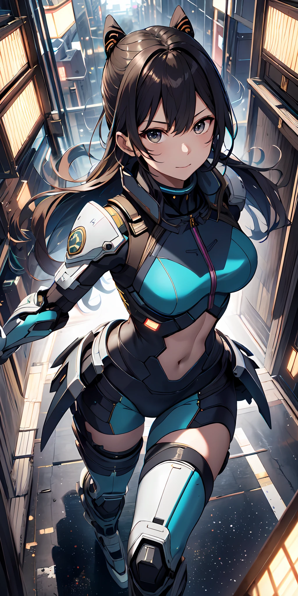 City， A high resolution, (Masterpiece:1.4), A highly detailed, 1girll, From above, space, Running, Killing City Combat Suit, Sharp focus, (Cinematic lighting), (1girll), Slight smile，The 5 fingers of each hand are very detailed，