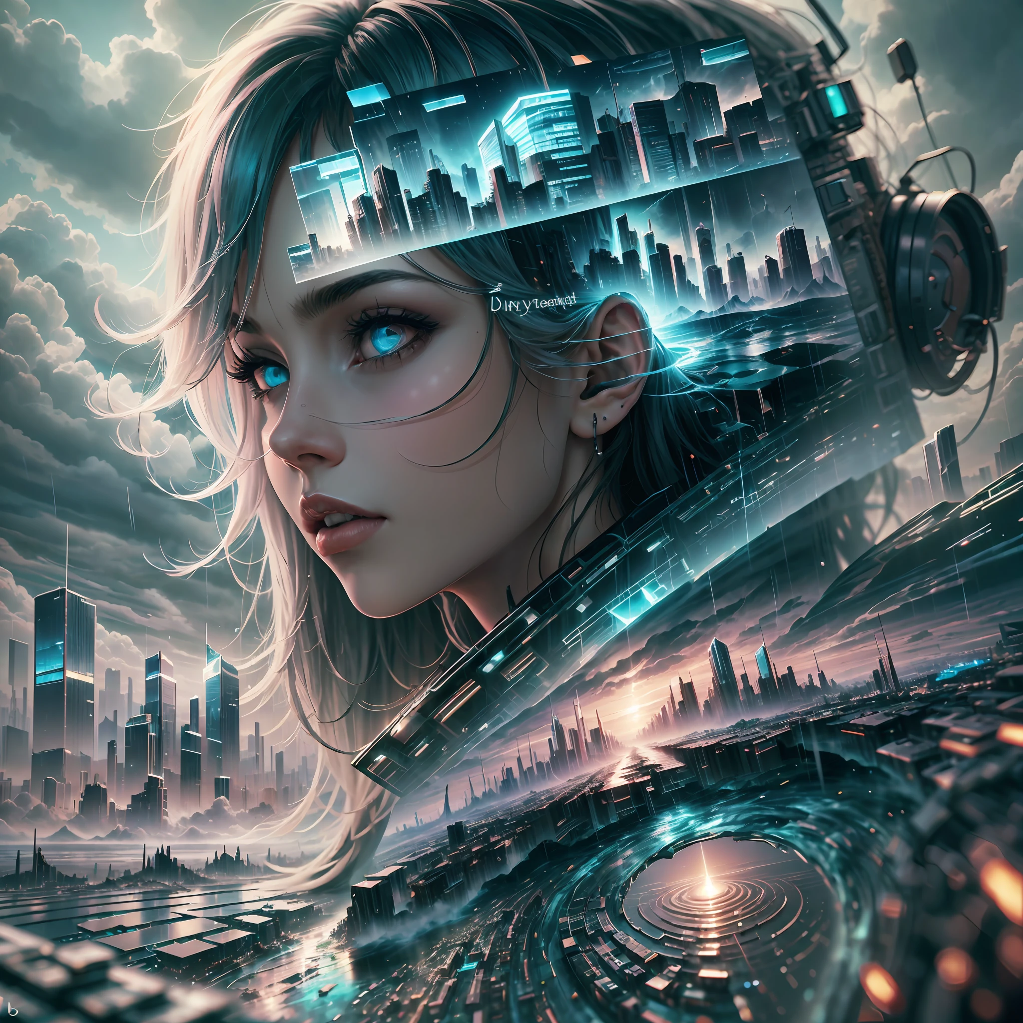 cyberpunk [nebulous cityscape in the distance: very pretty girl, city: 0.33] immersed in a giant stream of wind, living in a cloud of thunder, behind the cloud, (double exposure: 1.3), photo by Brandon Woelfelmist, surreal dream, gray atmosphere, rainy day, dynamic, lut, hdr --auto --s2