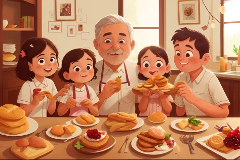 closeup, A family portrait, mami, pai, cozinha ao fundo, eating breads with jam