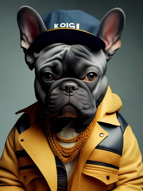 A French bulldog wearing a jacket and hat，cowboy hat，