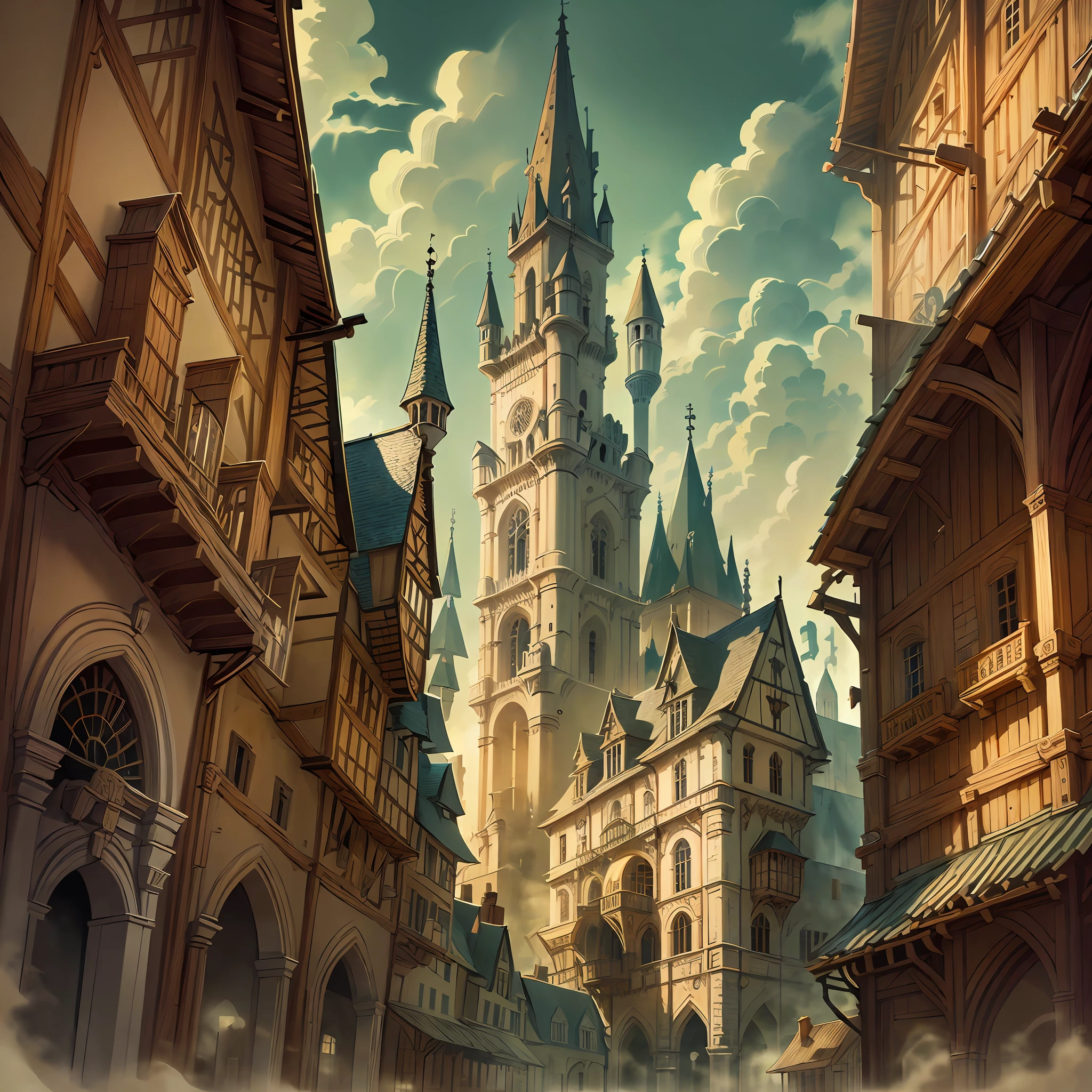 Bela ilustração de uma prefeitura medieval, cidadão medieval, detalhado, Intrincado.
