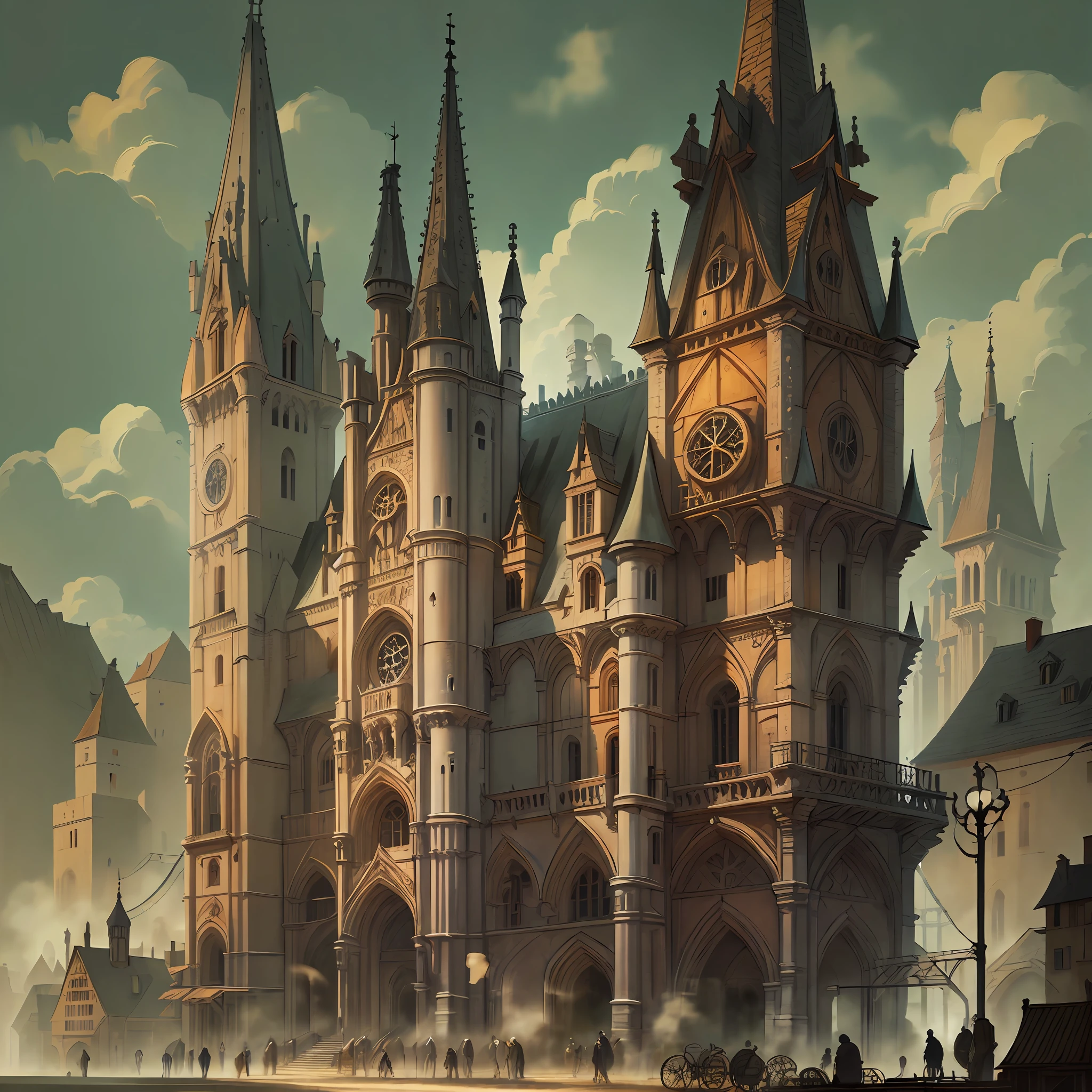 Beautiful illustration of a medieval city hall, medieval citizen, detailed, intricate.