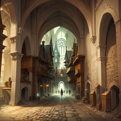 Beautiful illustration of a medieval city hall, medieval citizen, detailed, intricate.