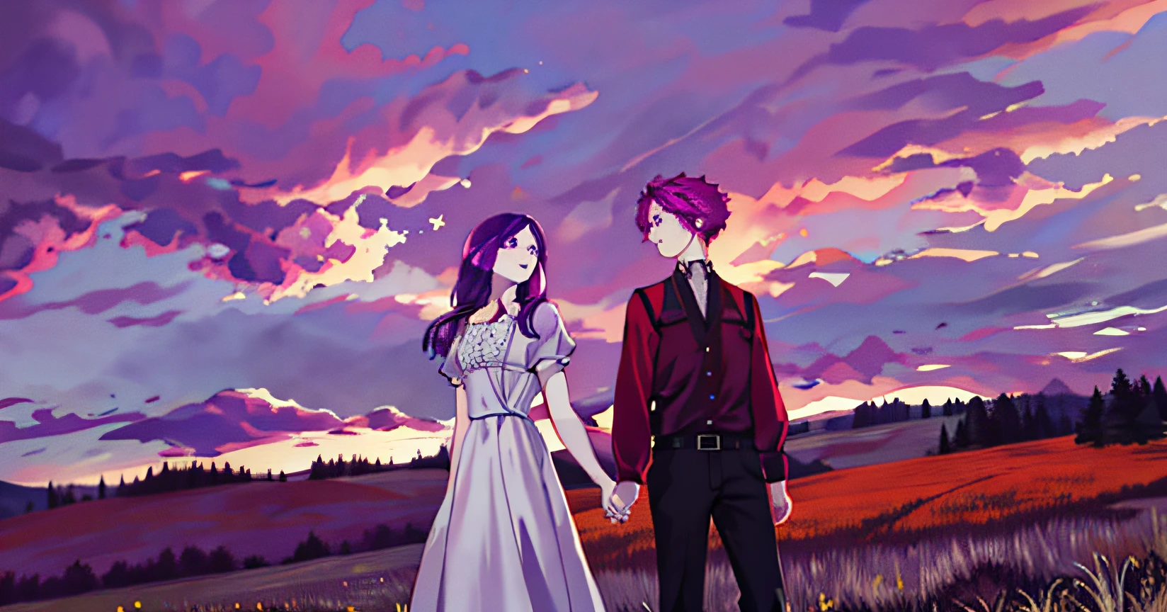 бледная девочка с темно-красными и фиолетовыми волосами и бледный мальчик на лугу, Высокое разрешение, катящиеся облака