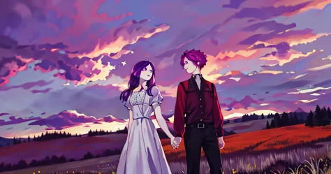 a pale girl with dark red and purple hair and a pale boy in a meadow, high res, rolling clouds
