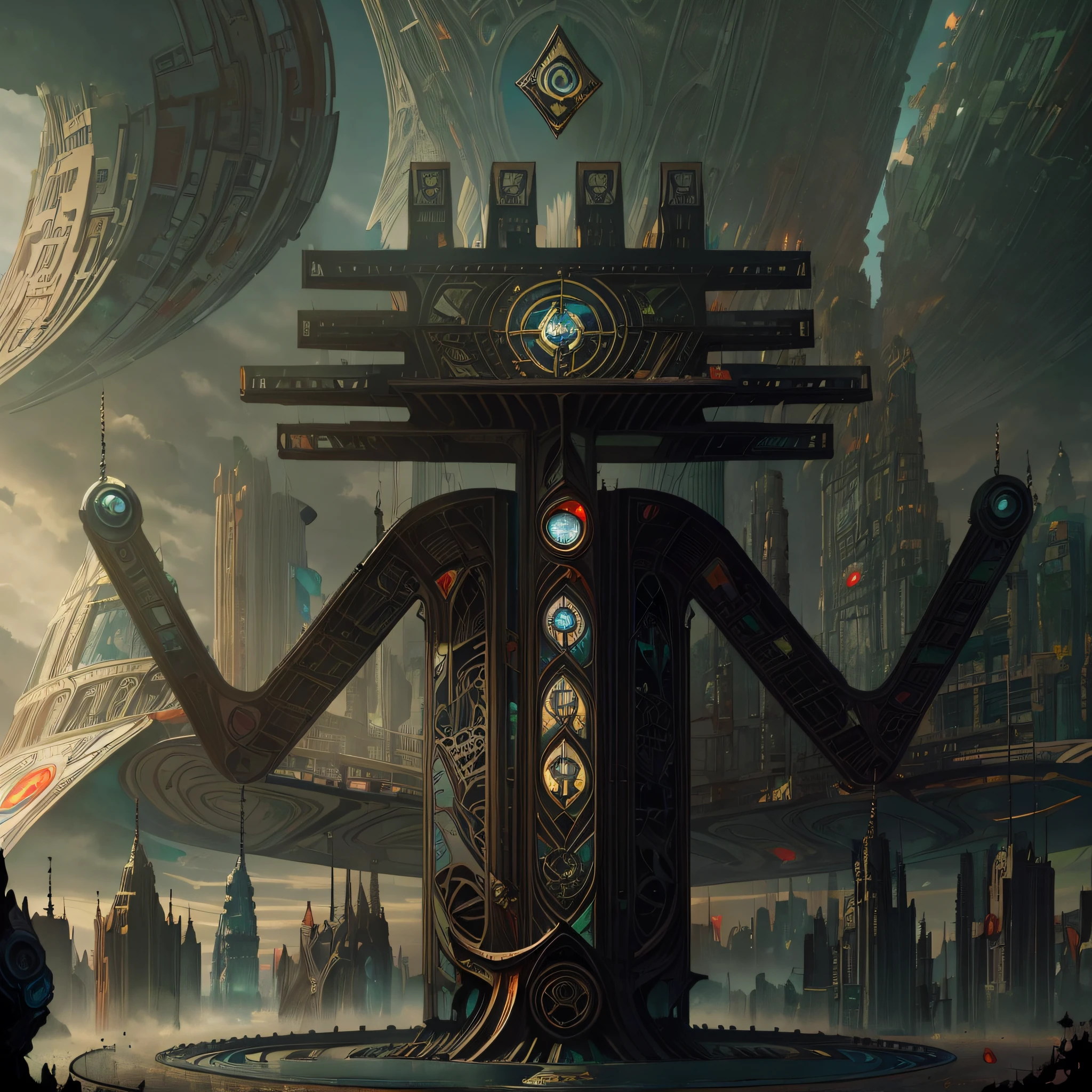 (Beautifully illustrated tarot card:1.2), a painting of a futuristic city with a huge tree in the center, Intricate detailing,  Dynamic memory, mystical, symbolic, (Tarot World:1.1),  arstation and beeple highly, Style hybrid mix Beple masterpiece, beeple Artwork, colorful sci-fi steampunk, Geoglyphen