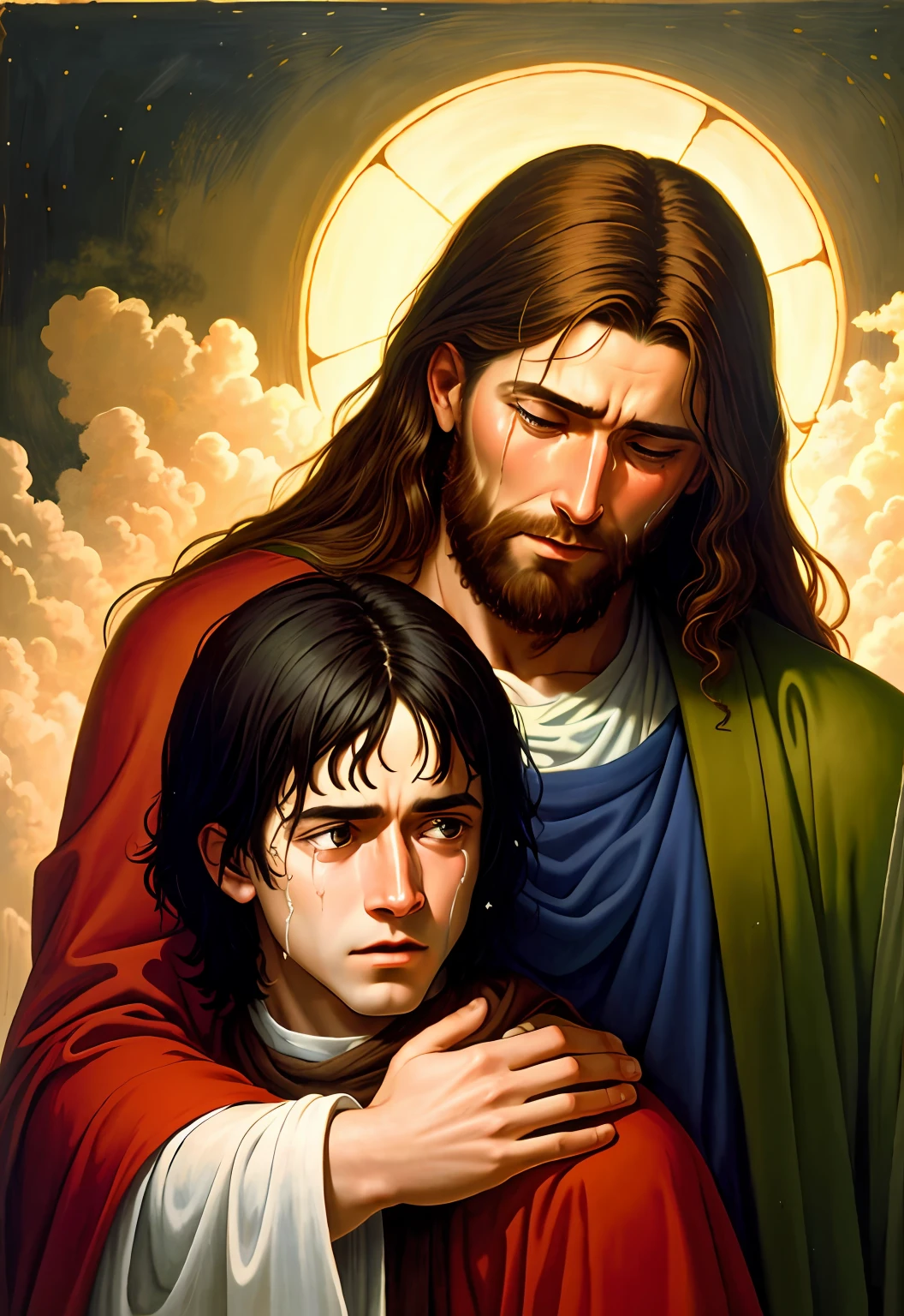 Jesus Christ with Man Crying on His Shoulder, Christian Art, High Quality, Highly Detailed, (Heavenly Bodies), Painting, in the Style of Greg Olsen