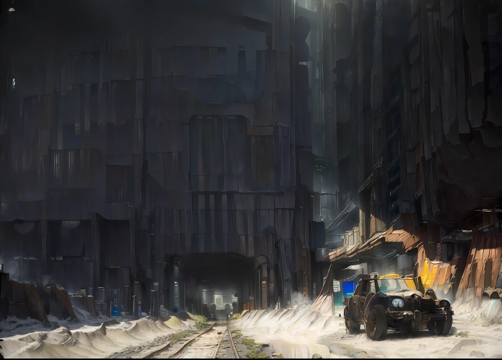 ((A street view of a huge dystopian sprawling city)), Building layers, Blocking sunlight (((Impeccable architecture))), mud, concrete shaking;, High resolution 4K, Masterpiece, trending on art station, (Clear, Clean Line Art), neon signage,(((Metal plates))), ((((road)))