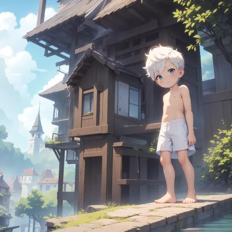 4K), little boy with white hair and barefoot and wet oily white clothes and small tiny feet, He sits on top of a tower, und bete...