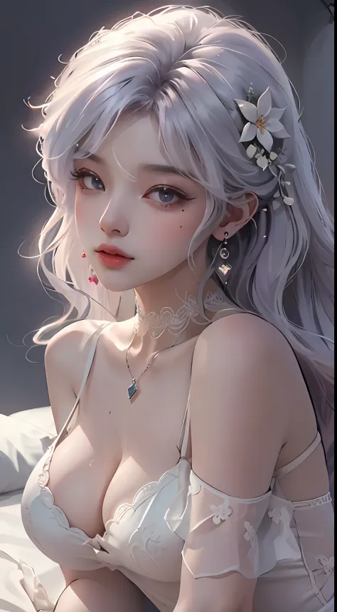 Masterpiece, best quality, (detailed background), high contrast, 1 girl, wearing black lace nightdress, full body, (white background: 1.5), clean line drawings, wavy light purple hair, bare shoulders, very large boobs, very huge boobs, lying on bed, best q...