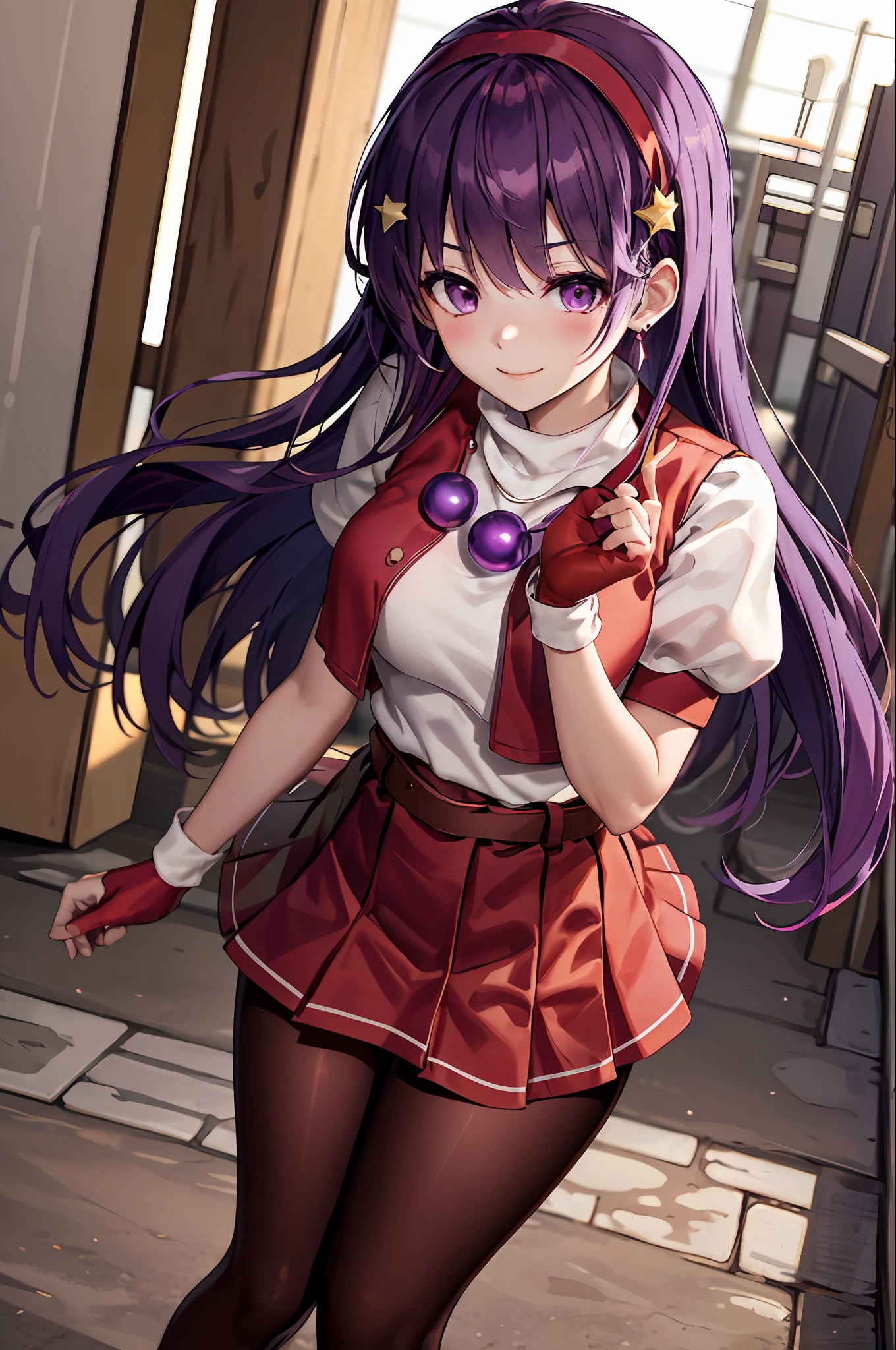 (masterpiece), (best quality), (ultra-detailed), intricate detail, athena97, 1girl, solo, purple eyes, purple hair, long hair, white earrings, red hairband, star hair ornament, medium breats, red vest, white turtleneck, white puffy sleeves, short sleeves, red pleated skirt, (deep red pantyhose:1.2), black pantyhose, yellow belt, purple sphere shape necklace, red fingerless gloves, white short socks, red shoes,   (outdoors), photography, smile, blush, sunny, nsfw, cowboy shot,