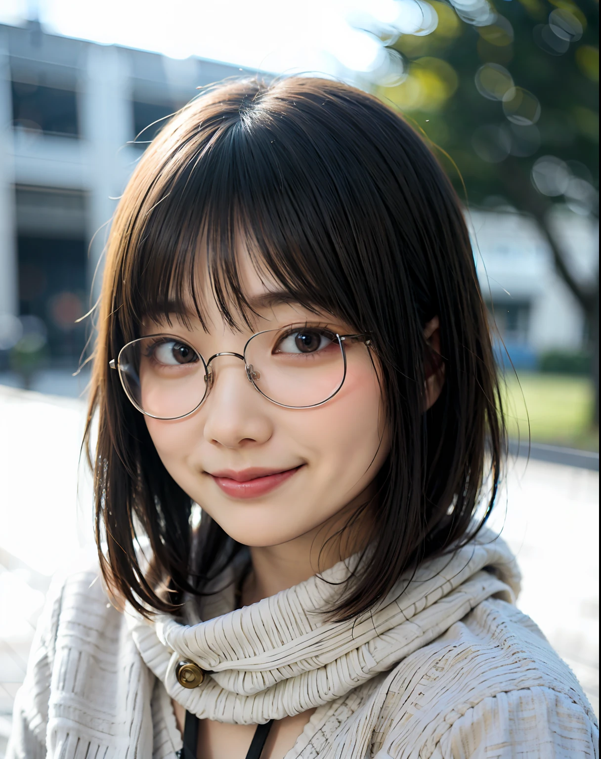 Mujer posando en un paisaje nevado de fondo、una chica japonesa、mirando a los espectadores、Posar con una sonrisa(de primera calidad、​obra maestra)))、alta resolución、muy detallado、​obra maestra、iluminación de película、(8K、de primera calidad、​obra maestra:1.2)、(realisitic、Fotorrealista:1.37) Hi-Nada、El ultra detallado、1 chica en 、mujer con gafas、Gafas redondas de montura fina、monturas de gafas de colores claros、Japón en pleno invierno、asian human, pequeño lindo, cara linda, solo, pelo corto 1.2, piel texturizada, hermosa cara sonriente, hermoso cielo detallado, la noche, iluminación de película, profundidad de campos, Luz de destello de lente、sentado en、tener una cita、(nariz sonrojada)、(Una sonrisa:1.15)、(Boca cerrada)pequeño cofre、hermosos ojos finamente detallados、Llevo un abrigo grueso sobre un suéter、Uso una bufanda alrededor del cuello.、la noche、(pelo corto:1.2)、Pelo flotante estilo rana Nova、ropa muy abrigada