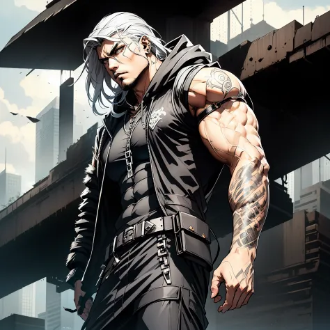 he has long, flowing white hair. his piercing white eyes shine with intensity. clad in sleek black attire adorned with a mysteri...