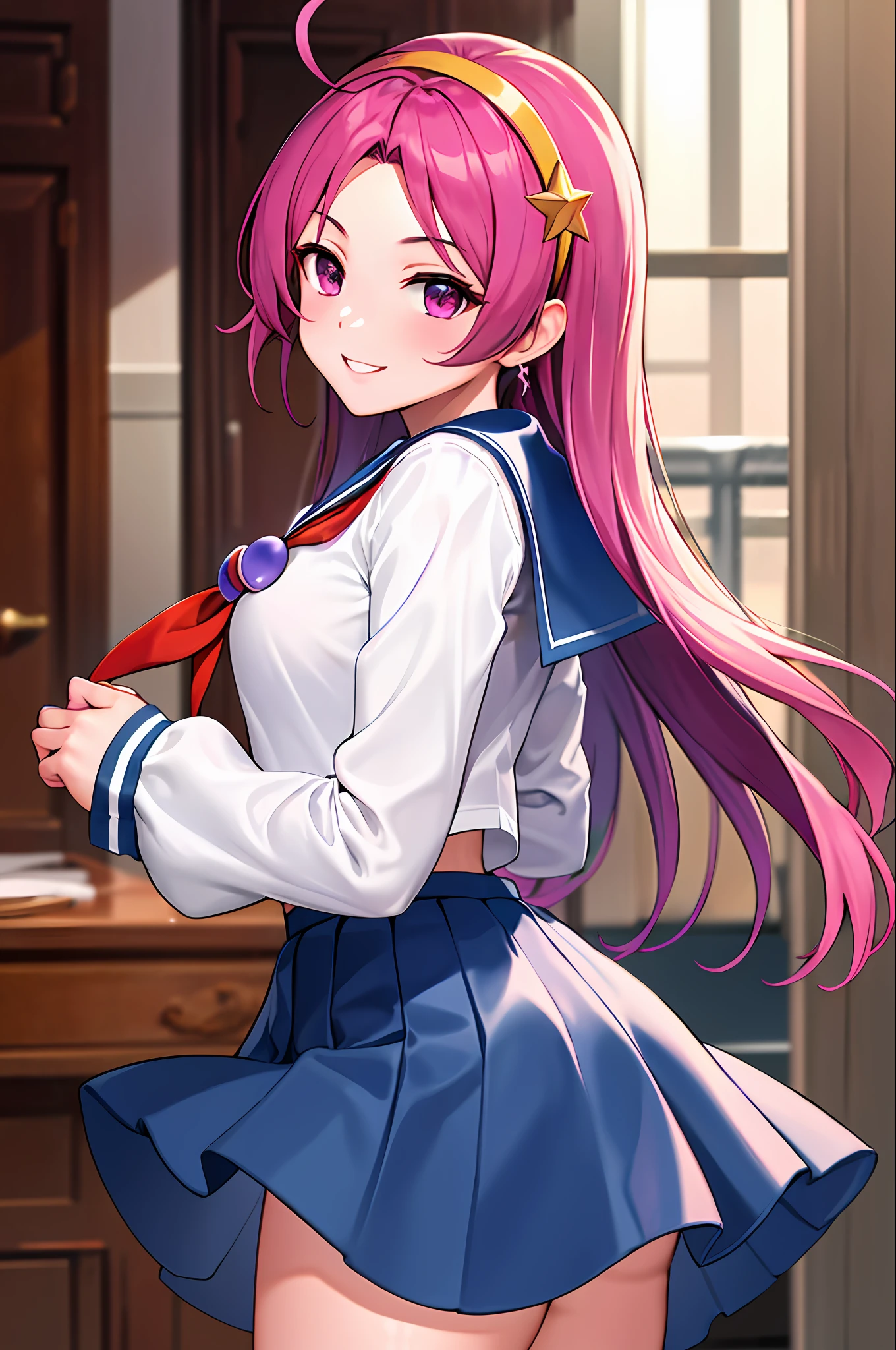 tmasterpiece，Need，A high resolution，aa2，long whitr hair，Headband school uniform，serafuku，white  shirt，bluedress，ahoge，partedbangs，pleatedskirt，Medium Waist，longer sleeves，Sailor collar，cowboy lens，exteriors，smiling wryly