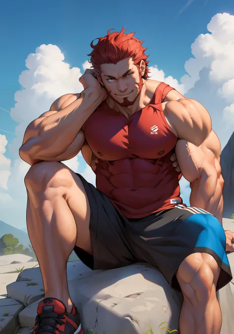 iskandar,solo, 1人, heads-up view，large muscles，polysomal hair， athletic sneakers, muscular, large pecs,photos of everyday life， ...