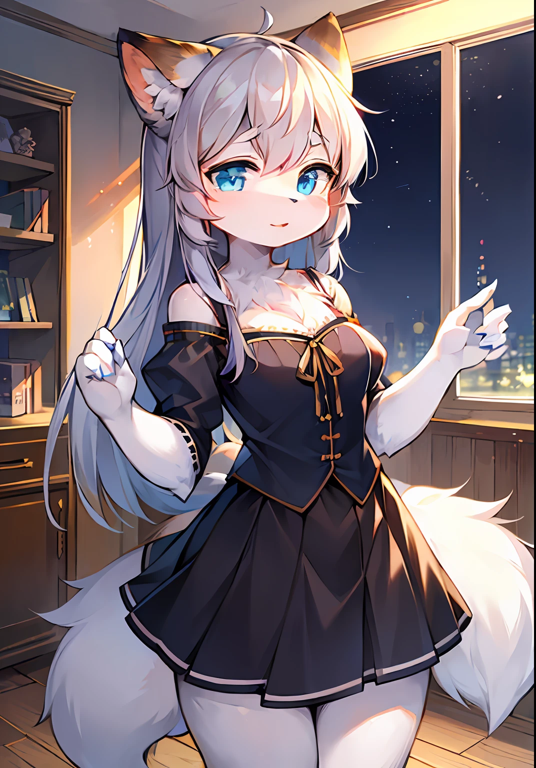 anthro female cat，short  skirt，long whitr hair，Portrait，eyes with brightness，in a panoramic view，Character focus。Detailed background enhancement（0.7），solo，shaggy，Furry female，female focus，anthr，Fluffy tail all over，eBlue eyes，White fur，Long gray hair，Tiny cute（1.2），Long canids strengthened（1.2），interiors、the night、pays（1.1）。