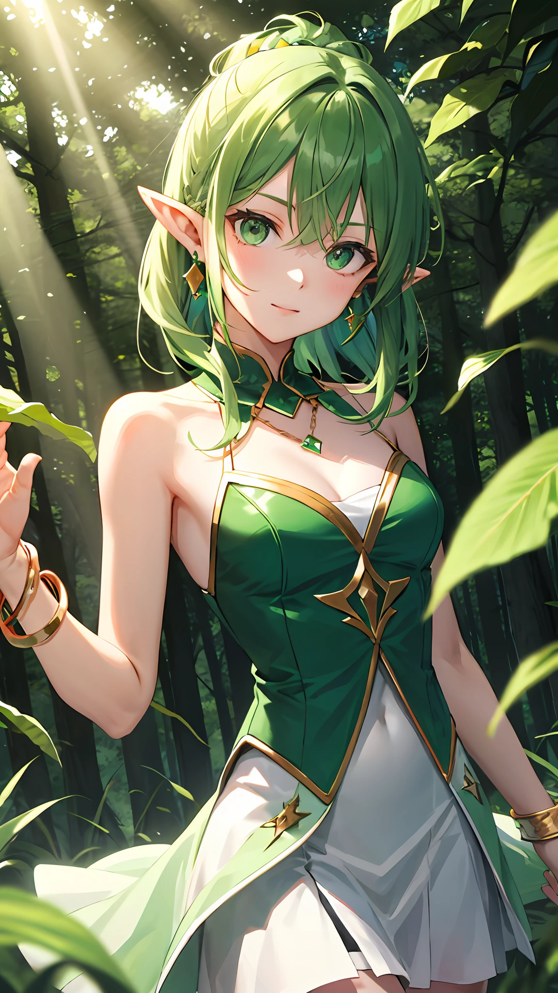 （tmasterpiece，best qualtiy：1.2），（looking at viewert），Nice face，green colored theme，cowboy lens，rays of sunshine，Green hair，greene eyes，green jewelry，nedium breasts，In the forest，Hairstyle Random，pointy ears