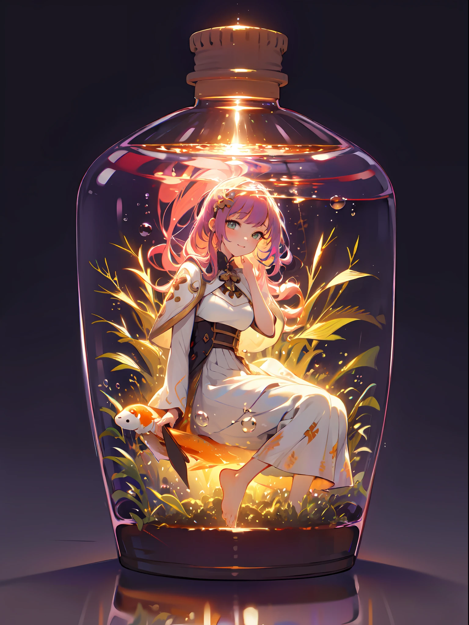 perfect eyes:1.2, detailed eyes:1.4, smile, sitting, air bubble, (masterpiece:1.6, best quality), phgls, /bottle, in container, (finely detailed beautiful eyes: 1.2), 1girl, solo, big breasts, purple hair, pink hair, two-tone hair, underwater, floating hair, (((masterpiece))),(((best quality))),(((extremely detailed))), illustration, mysterious, vivid color, shiny, full body, barefoot, long hair tranquil nature, koi, Underwater, close up, Dynamic actions, Lens perspective, sit cross-legged and lean against the bookshel, volumetric lighting, multi-color eyes, detailed eyes, hyper detailed, light smile, highly detailed, beautiful, small details, ultra detailed, best quality, intricate, 4k, 8k, trending on artstation, good anatomy, beautiful lighting, award-winning