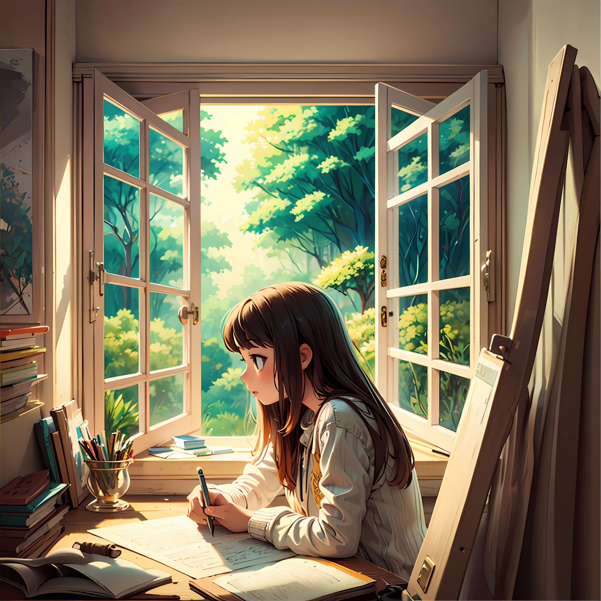 "1 girl sitting at a study table in front of a window, engrossed in writing and surrounded by books, capturing the beauty of nature through her artwork on a canvas " --auto
