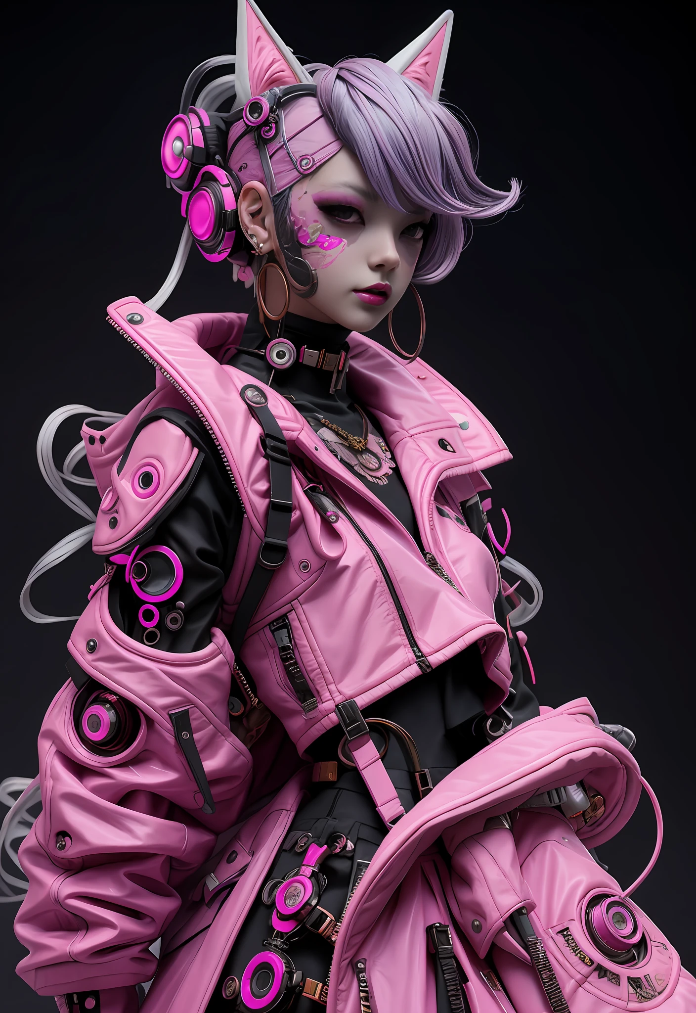 Ein Kunstwerk mit einer weiblichen Anime-Figur mit lila Haaren, die auf einer Mauer sitzt. Sie trägt modische Kleidung, trägt aufwendiges Make-up und verschiedene Accessoires. Dieses Cyberpunk-Anime-Mädchen strahlt eine verträumte und schöne Cyberpunk-Ästhetik aus. Das Kunstwerk zeigt eine digitale Darstellung eines Neonpunk-Cyborgs, kombiniert Elemente von Technologie und Schönheit. Die hochwertige Darstellung bringt den modernen Cyberpunk-Vibe zum Vorschein. Dieses Kunstwerk ist inspiriert von koreanischer Ästhetik und Haute Couture, Schaffen eines einzigartigen und fesselnden visuellen Erlebnisses., Barbiecore 2025