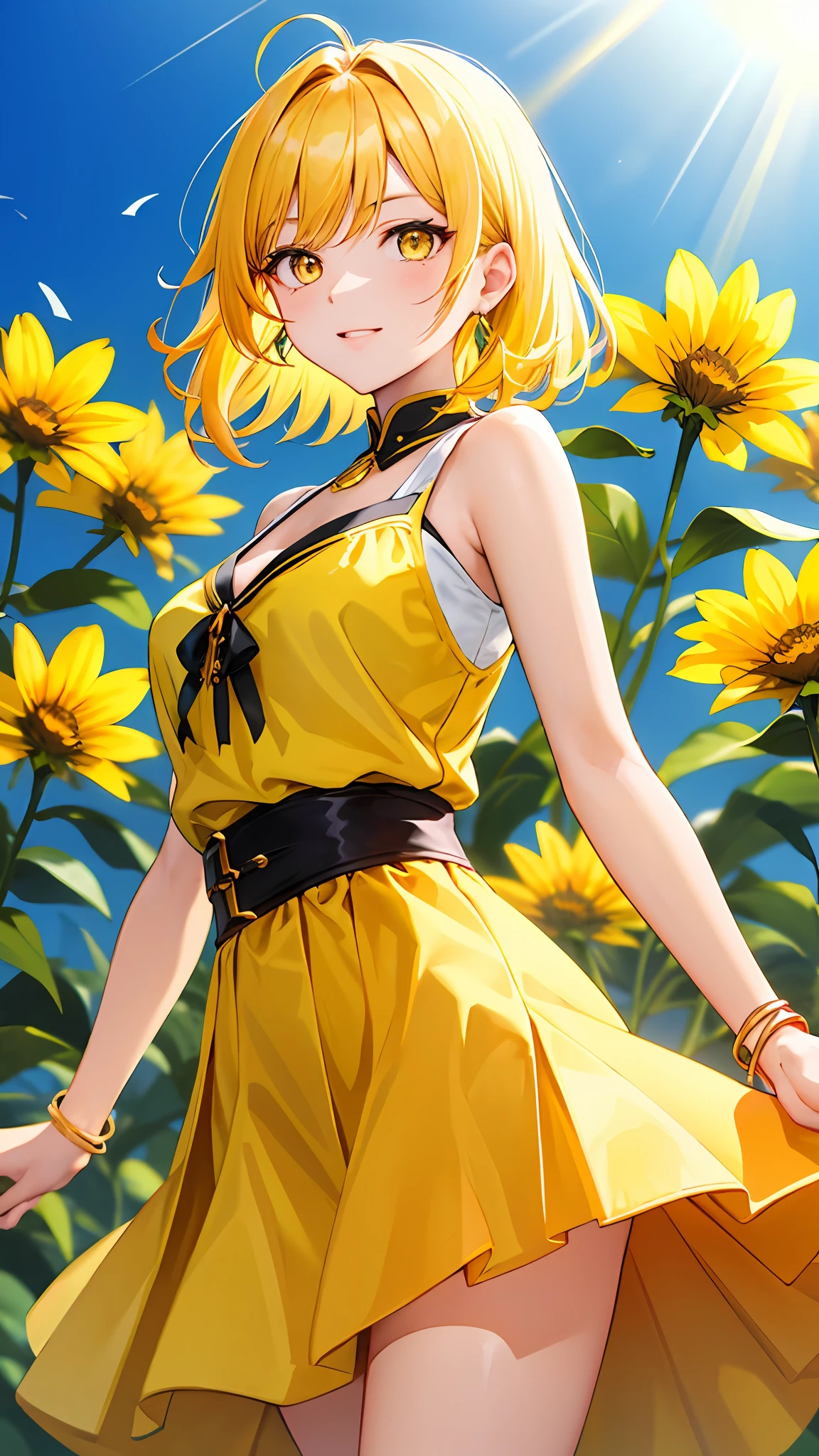 （tmasterpiece，best qualtiy：1.2），（looking at viewert），Nice face，Yellow theme，cowboy lens，rays of sunshine，Yellow hair，yellow eyes，Yellow jewelry，nedium breasts，Yellow flower background，Hairstyle Random，Orange clothes