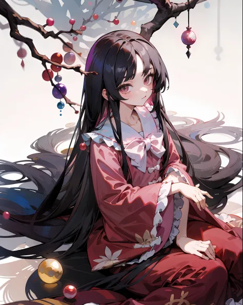 1girl,solo,houraisan kaguya, pink_shirt,red_dress,sitting,jeweled branch of hourai,  best shadow, best light, simple background,...