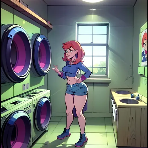 create a sequence of images with a modern young female character in a comic book style in a laundry room setting