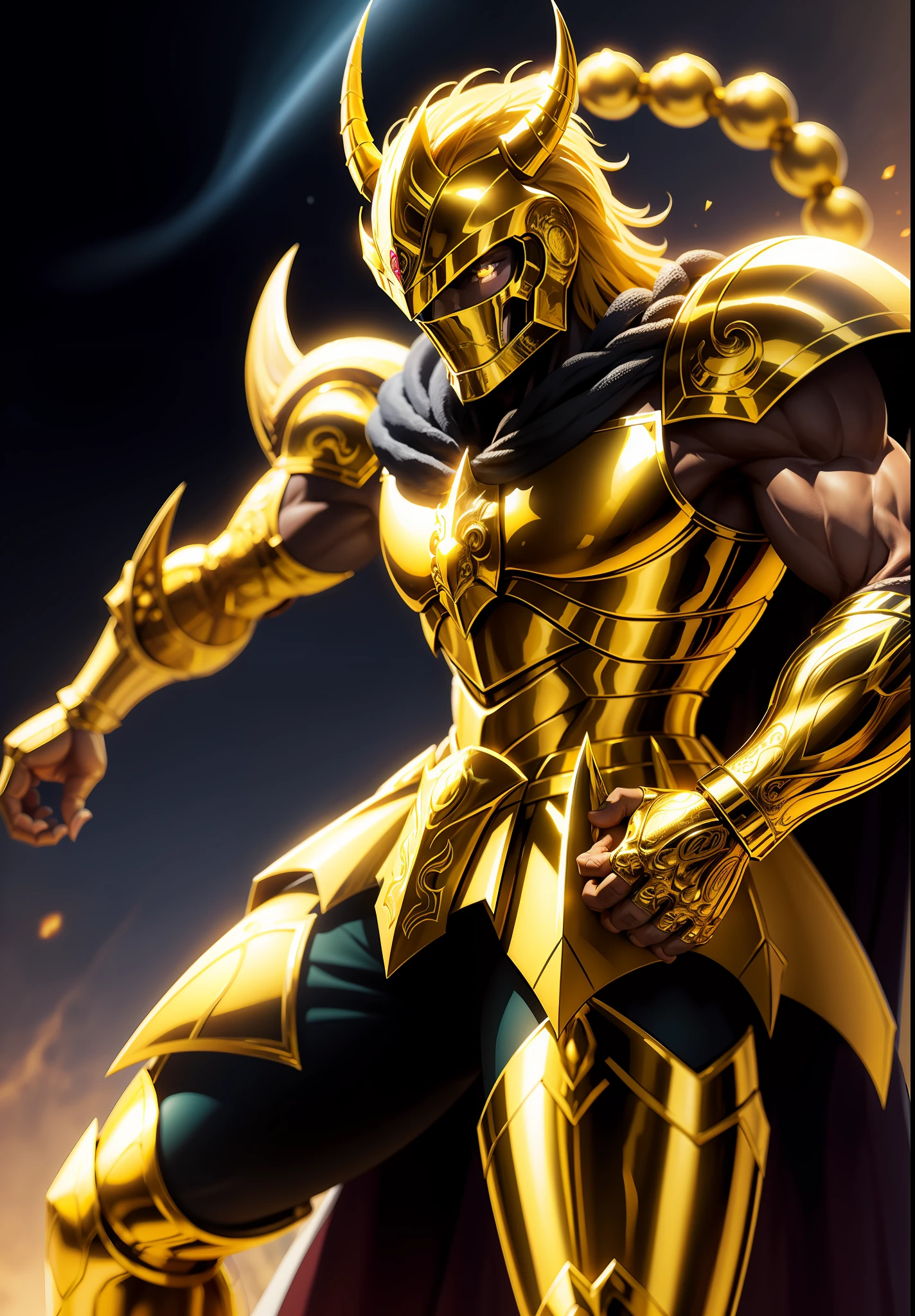 黄金の鎧を持つ騎士のキャラクター de エスコルピアン , 黄金の鎧を着た騎士のキャラクターの騎士, 黄道帯スコーピオンの騎士 , 空に印象的なサソリ王オーロボエアルの背景に, 8K高解像度, 複雑な詳細, 息を呑むほどのクオリティ